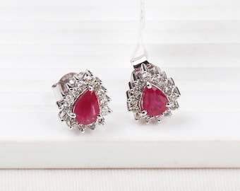 Ruby Diamond 14k White Gold Earring Stud