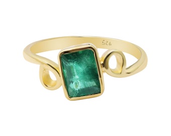 Emerald Baguette Ring: 925 Sterling Silver, Boho Gemstone Ring