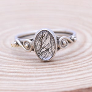 Natural Black Rutile Quartz Silver Ring, 925 Sterling Silver Black Rutile Quartz Gemstone Ring Boho Black Rutile Quartz Ring For Anniversary