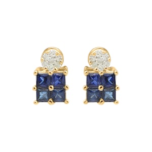 Blue Sapphire & Diamond Cluster Stud Earring, 14k Yellow Gold Statement Studs, Tiny Studs, Sapphire Small Stud, Birthday Gift