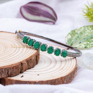 Elegant Green Emerald & Diamond Bracelet, 925 Silver Designer Bracelet, Gemstone Jewelry, Dainty Pave Diamond Openable Women Bangle Bracelet