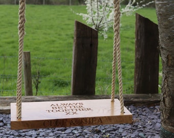 Personalised Tree Swing, Handmade Solid Oak, Carved text not laser engraved