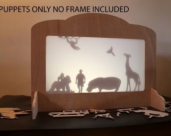 Shadow Puppet Sets, Wooden Zoo Animal Puppets, Safari adventure shadow puppets, Marionette theatre, Tabletop theatre