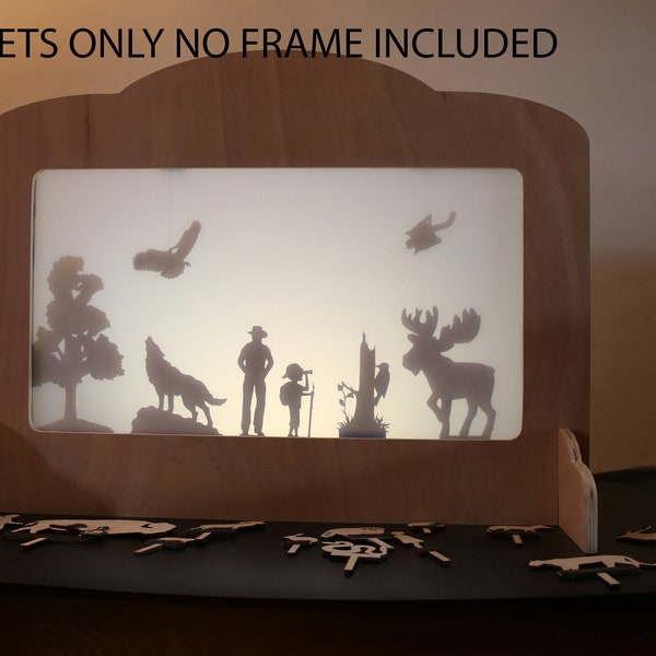 Wooden Shadow Puppets, USA wildlife puppet sets, Handmade shadow puppets, Wooden wildlife toy puppets, Children's story telling