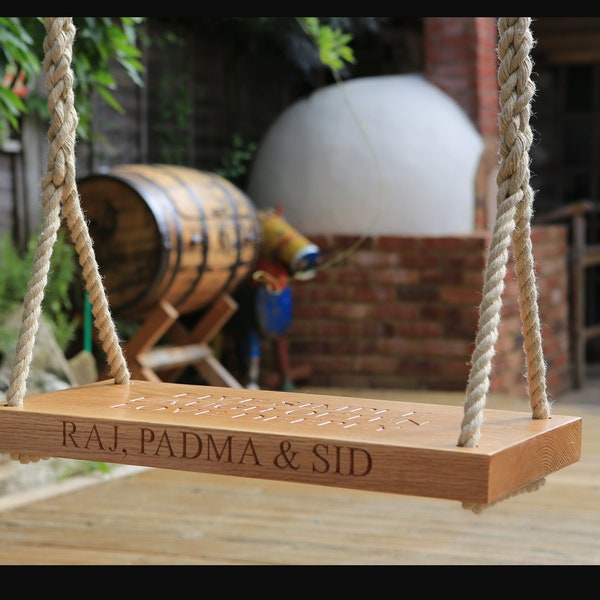 Oak rope tree swing, Personalised large garden swing, Engraved Wooden Swing, Handmade Wedding swing, Tree Swing, Luxury Garden Swing