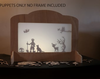 Shadow Puppet Sets, UK Woodland Puppets, Wooden shadow puppets, Marionette theatre, Tabletop theatre, child's story telling play set