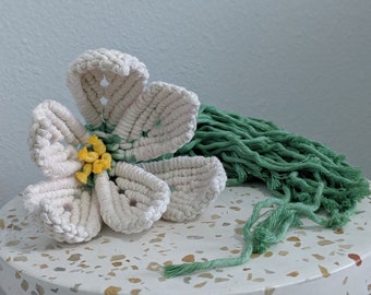 Pode incluir: Uma flor de macramé branca com um centro amarelo, descansando sobre uma superfície branca salpicada. Um cordão de macramé verde está ao lado da flor.