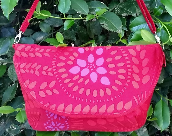 Finnish Fold Over Bag - Marimekko Fabric - Red with Purple Design - Travel Shoulder Bag - Expandable Shoulder Bag - Crossbody Bag