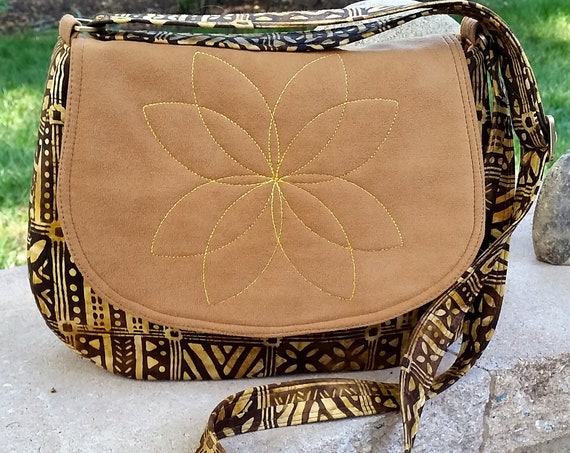 Flower Petal Shoulder Bag - Batik Fabric - Shoulder Bag - Faux Suede Purse - Batik Purse - Brown Bag - Women's Purse - Crossbody Purse