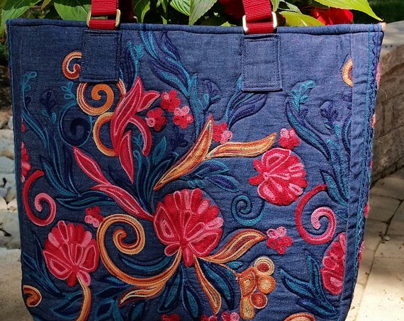 Denim Tote Bag - Embroidered Denim Tote - Fabric Tote Bag - Handbag - Shoulder Tote - Travel Bag - Multi-purpose Bag - Ladies Gift