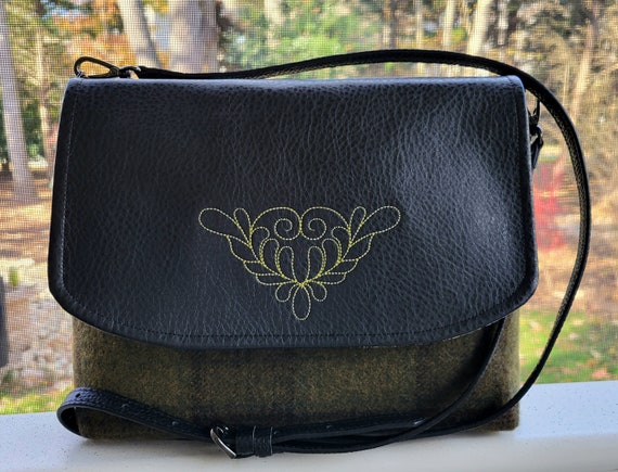 2 Tone Wool Shoulder Bag-Wool Plaid/Tweed Fabric-Green/Black Shoulder Bag-Embroidered Wool Purse-Women's Purse-Crossbody Bag-Ladies Gift