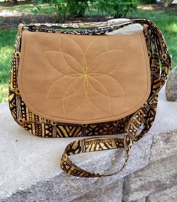 Flower Petal Shoulder Bag - Batik Fabric - Shoulder Bag - Faux Suede Purse - Batik Purse - Brown Bag - Women's Purse - Crossbody Purse