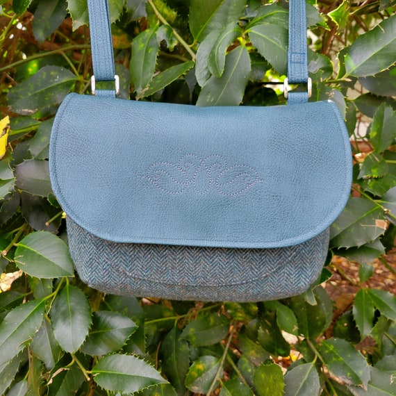 Curvy Teal Wool Bag - Wool Faux Leather Bag - Teal Shoulder Bag - Crossbody Bag - Gift for Her