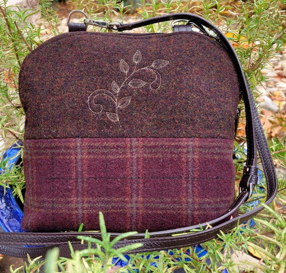 2 Tone Brown Wool Shoulder Bag - Wool Plaid & Tweed Fabric - Brown Wool Shoulder Bag - Embroidered Leaves Purse - Crossbody Bag