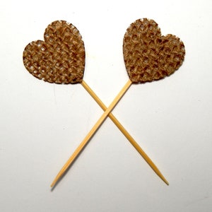 Toile de jute tissu mariage cure-dents, mariage rustique, Bridal shower, Baby Shower Cupcake toppers lot de 20 pcs. Coeur Cupcake toppers