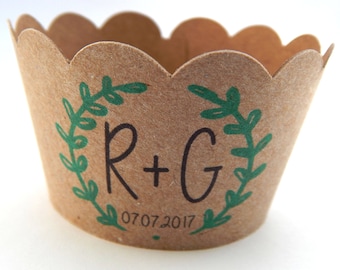 Set of 5 - 50 pc. Custom Kraft Cupcake Wrappers, Custom Brown Kraft Scalloped Cupcake Wrappers, Cupcake Liners, Wedding Cupcakes