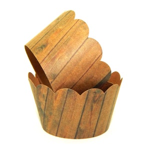 Set di 5-50 pz. Grano di legno stile Cupcake wrapper, Kraft Cupcake wrapper, Kraft marrone ondulato Cupcake wrapper, Wedding Cupcake Liners