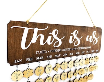 Verjaardagsbordkalender voor het gezin: houten muurhanger met labels