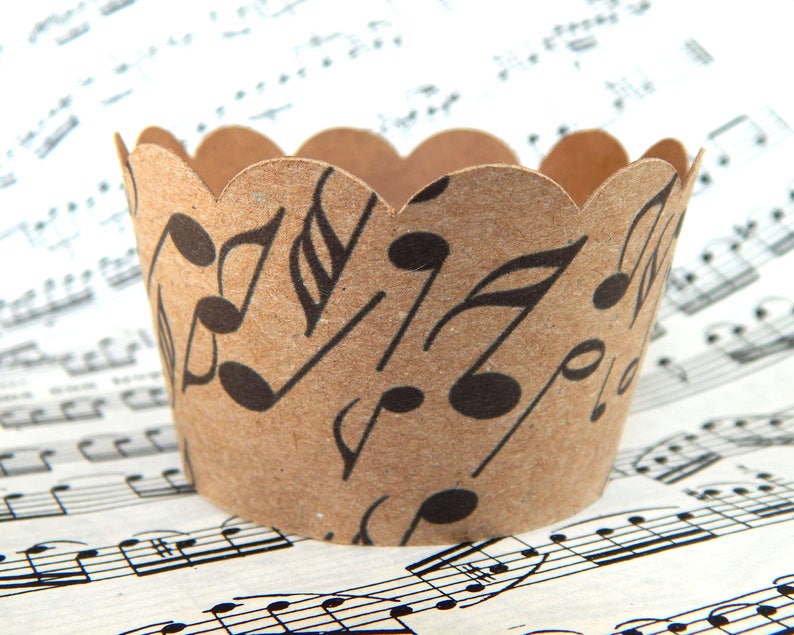 Set of 5 50 pc. Brown Kraft Scalloped Music Notes Cupcake Cupcake Wrappers, Brown Craft Paper Cupcake Liners, Kraft Paper Cups, Wedding image 1