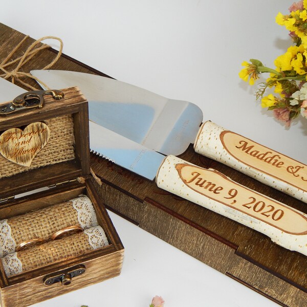 Wedding Cake Knife Set & Ring Box, Wedding Cake Serving Set, Wedding Cake Server, Rustic Wedding Personalized Server Ring Bearer Gift