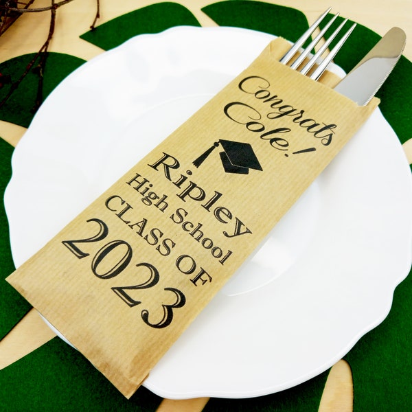 Set of 5 - 100 pcs. Personalized Graduation Silverware Bags -  Silverware Holder Graduate - Class of 2024 Utensil Holder