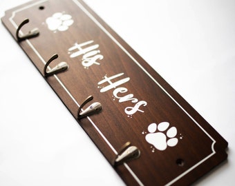 His Hers Paws Wooden Key and Leash Holder