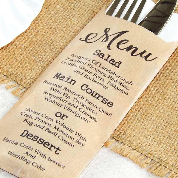 Set of 5 - 100 pcs. Personalized Wedding Menu Bags, Kraft Brown Bag, Silverware Holder, Utensil Holder, Menu Cards, Silverware Bags