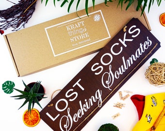 Funny Lost Socks Laundry Room Wooden Sign with Clips