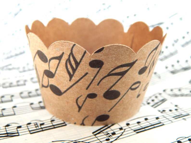 Set of 5 50 pc. Brown Kraft Scalloped Music Notes Cupcake Cupcake Wrappers, Brown Craft Paper Cupcake Liners, Kraft Paper Cups, Wedding image 2