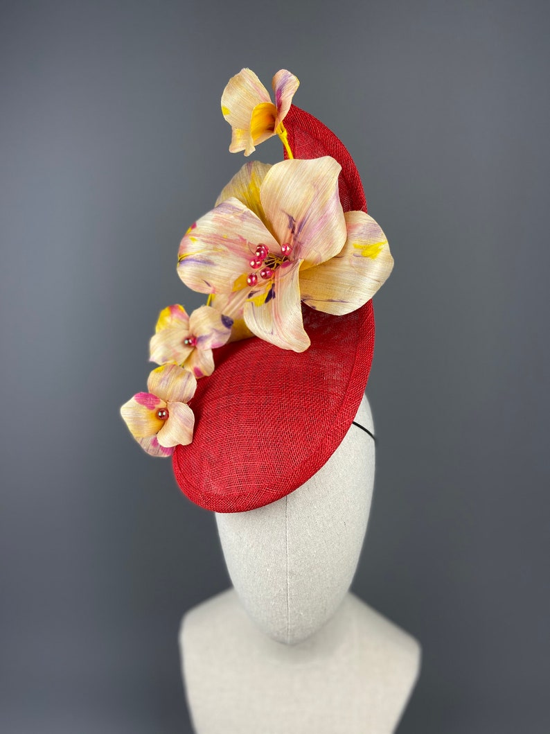One of a kind hat Unusual Derby Ladies Day Hat Mia Flower Cascade Elegant Ascot Headpiece Red Yellow Designer Hat