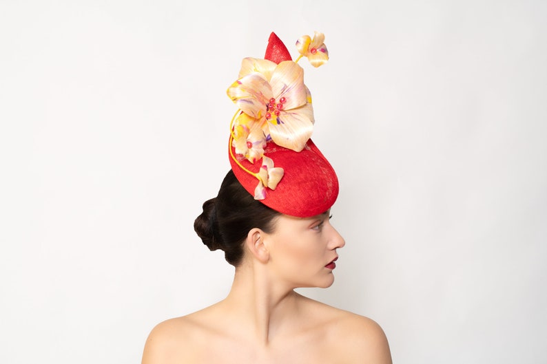 One of a kind hat Unusual Derby Ladies Day Hat Mia Flower Cascade Elegant Ascot Headpiece Red Yellow Designer Hat