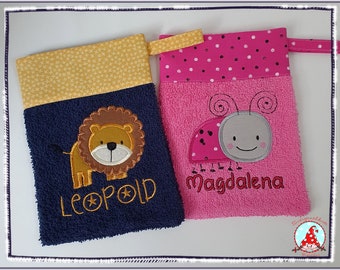 Waschlappen mit Namen & Wunschmotiv Waschhandschuhn für Baby Kinder washcloth