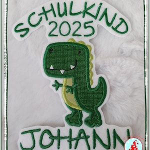 Aufnäher Schulkind T-Rex Dinosaurier mit Name Applikation Aufbügler Flicken Dino Geburtstagszahl