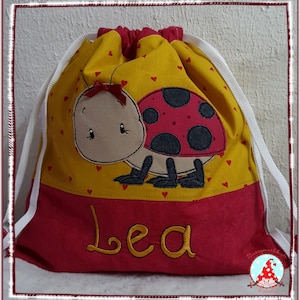 Turnbeutel mit Name & Motiv Gymback Kindergarten Beutel Tasche Rucksack Wäschebeutel Kindergartenrucksack Stoffbeutel Marienkäfer