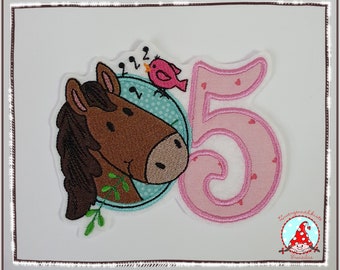 Aufnäher Pferd mit Geburtstagszahl Applikation Aufbügler Flicken Pony