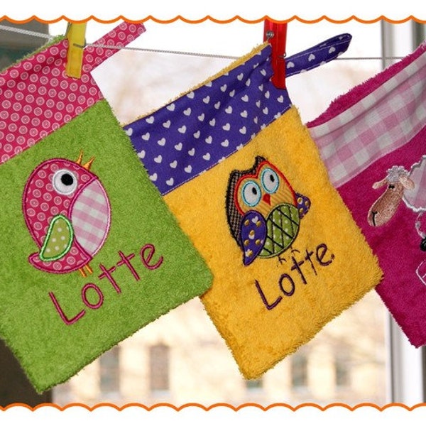 Waschlappen mit Namen & Wunschmotiv Waschhandschuhn für Baby Kinder washcloth