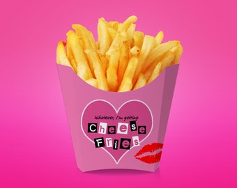 May include: A pink container filled with golden french fries. The container has a heart-shaped design with the words "Cheese Fries" and a red lipstick kiss. The background is a solid pink.