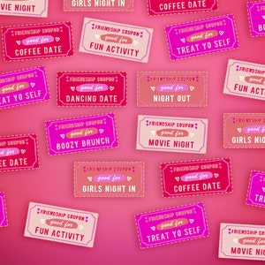 May include: A collection of friendship coupons in shades of pink and red, scattered on a gradient pink background. Each coupon features text like "Movie Night," "Coffee Date," and "Fun Activity," with decorative hearts.
