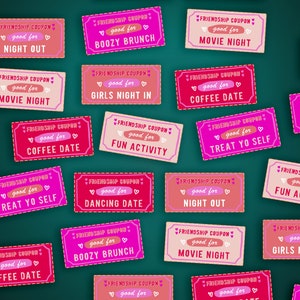 May include: A collection of friendship coupons in various shades of pink and red, scattered on a dark green background. Each coupon features phrases like "Night Out," "Movie Night," and "Coffee Date," with decorative hearts.