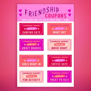 Cupones imprimibles de amistad para mejores amigas. Idea de regalo para descargar de Galentine. Regalos para mejores amigas, hermanas, novias, damas de honor, cupones de actividades.