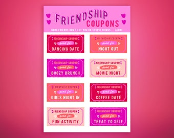 Friendship BFF printable Coupons. DIY Galentine Download gift idea. Gift for bestie, sister, girl friend, bridesmaid, activity Vouchers.