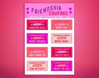 Friendship BFF printable Coupons. DIY Galentine Download gift idea. Gift for bestie, sister, girl friend, bridesmaid, activity Vouchers.