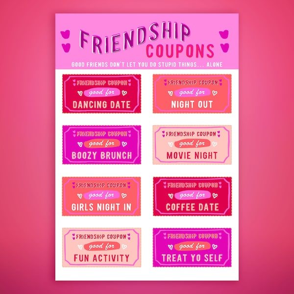 Friendship BFF printable Coupons. DIY Galentine Download gift idea. Gift for bestie, sister, girl friend, bridesmaid, activity Vouchers.