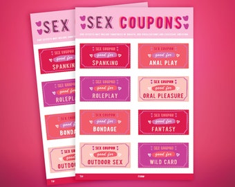 May include: Two pink sheets of "Sex Coupons" with various romantic activities listed. Each coupon is a different color and has a heart design. The coupons include "Spanking", "Anal Play", "Roleplay", "Oral Pleasure", "Bondage", "Fantasy", "Outdoor Sex", and "Wild Card".