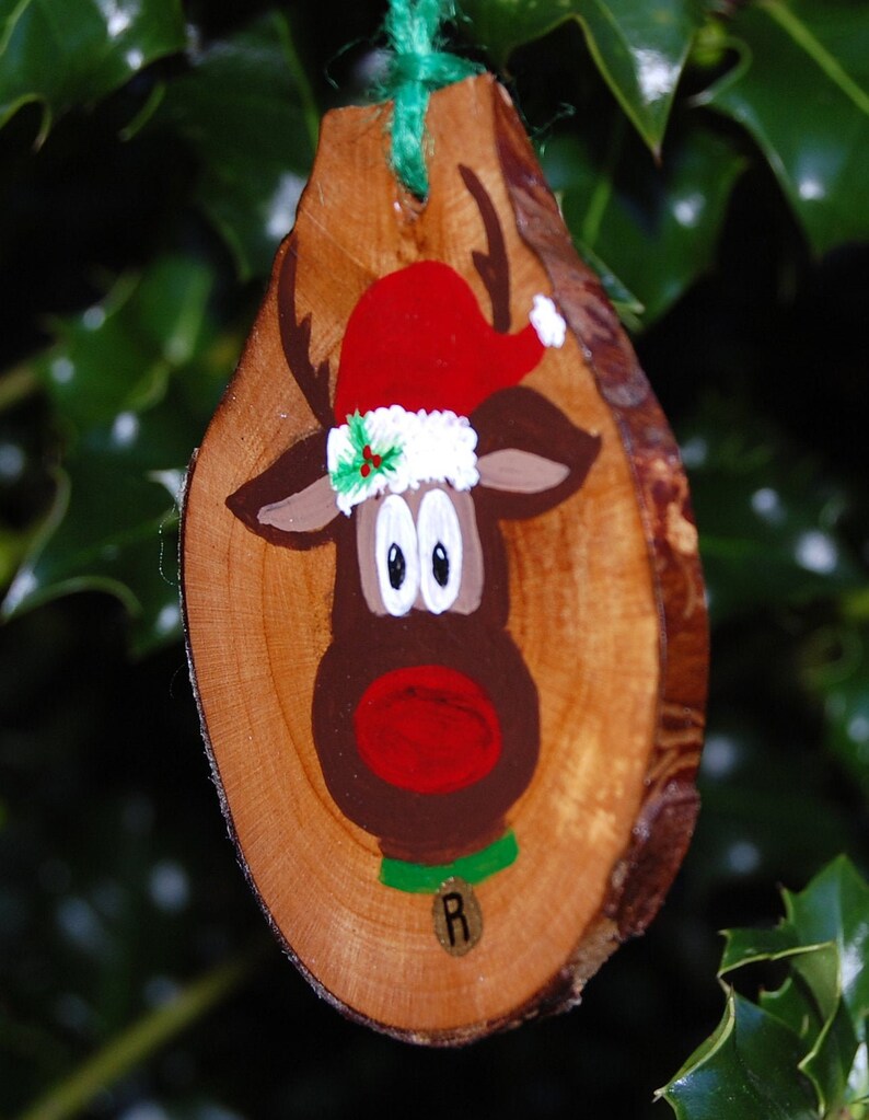 Hand Painted Rudolph Reindeer Wood Slice Ornament Woodland Etsy