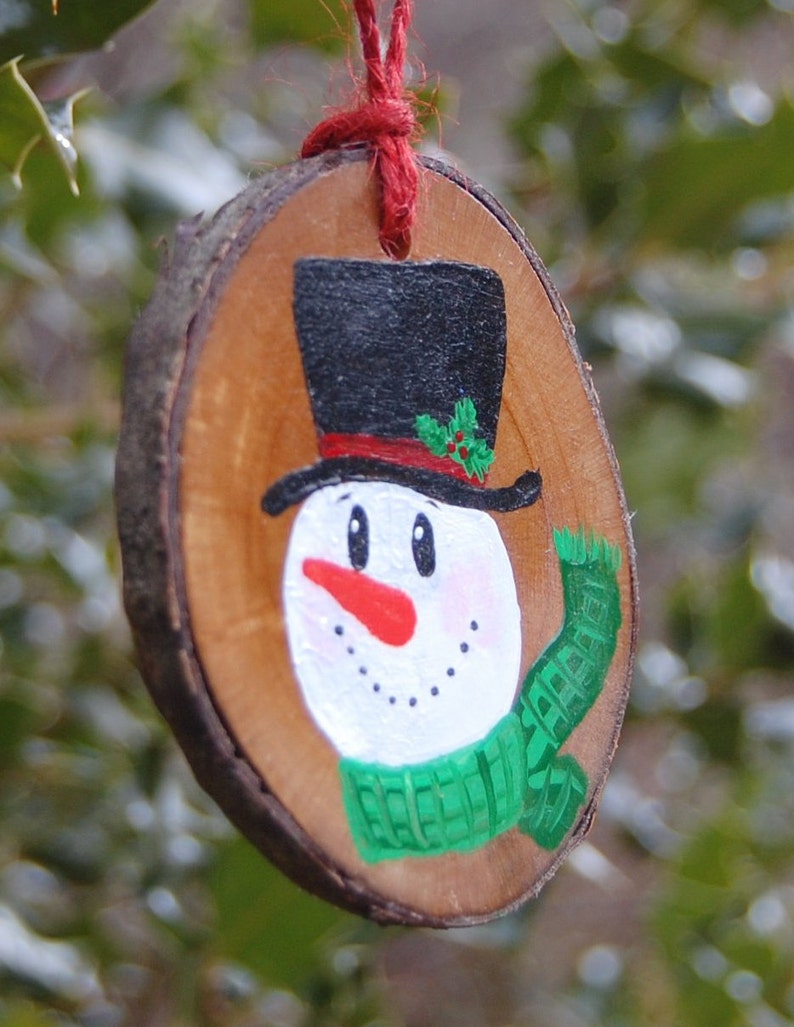 HandPainted Snowman Wood Slice Ornaments Woodland