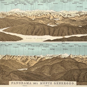 MONTE GENEROSO PANORAMA, Prealpes de Lugano, Suiza, 1911. Mapa antiguo a color.