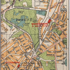 1930er Jahre Vintage KARTE VON LONDON, Nordost-London, Epping Forest, Snaresbroch, Leytonstone (Geographia) mit Passepartout / Einrahmung