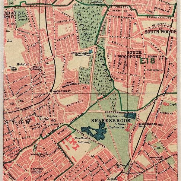 1945 VINTAGE LONDON MAP, North London, Walthamstow, Leyton, Leytonstone, Snaresbrook, South Woodford, Matted/ Mounted for Framing