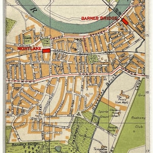 MAPA ANTIGUO DE LONDRES DE LA DÉCADA DE 1930, suroeste de Londres, Barnes, Mortlake (Geographia), enmarcado y montado